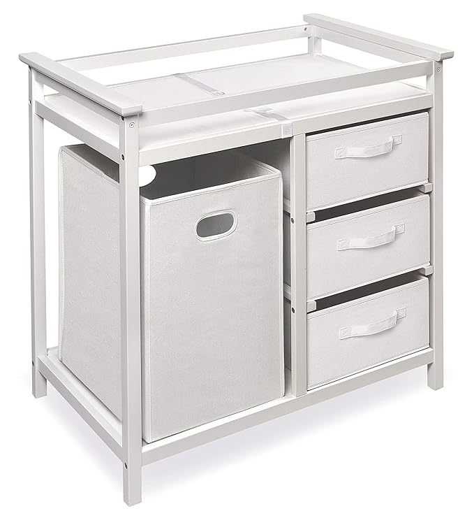 Badger Basket Modern Baby Changing Table - Nursery Furniture with Laundry Hamper and 3 Storage Drawers - Diaper Changing Station with Safety Belt, Changing Pad, and Organizer Baskets - White