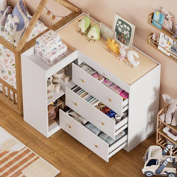 Corner Baby Changing Table Dresser,Dresser for Nursery with 3 Drawers and 2 Shelves,Multi-Functional Baby Changing Table,Changing Station Organizer for Bedroom,White