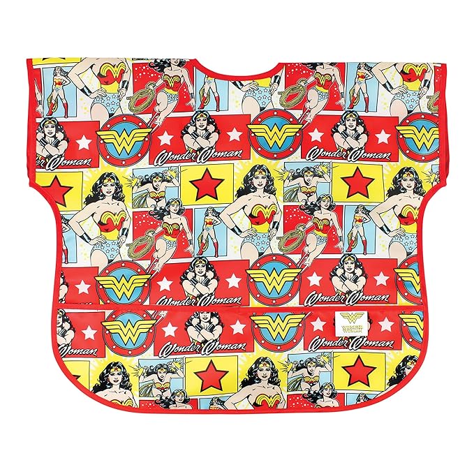 Bumkins Short Sleeve Bib for Girl or Boy, Toddler and Kids for 1-3 Years, Large Size, Essential Must Have for Junior Children, Eating, Mess Saving Soft Fabric Apron for Play, Wonder Woman DC Comics