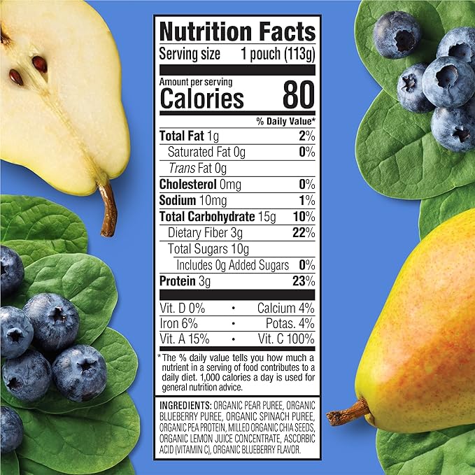 Happy Tot Organics Stage 4 Baby Food Pouches, Gluten Free, Vegan Snack, Fiber & Protein Fruit & Veggie Puree, Pears, Blueberries & Spinach, 4 Ounce (Pack of 16)
