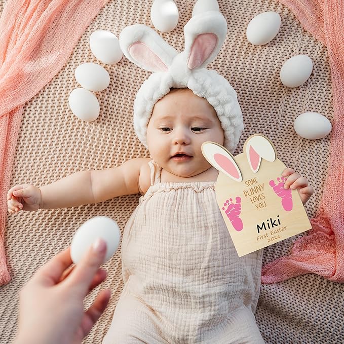 R HORSE Baby DIY Easter Footprint or Handprint Art Sign with Ink Pad, 3D Newborn Bunny Wooden Milestone with Marker Pen, Baby 1st Easter Keepsake Craft Gift Nursery Decor Photo Props for Baby Shower
