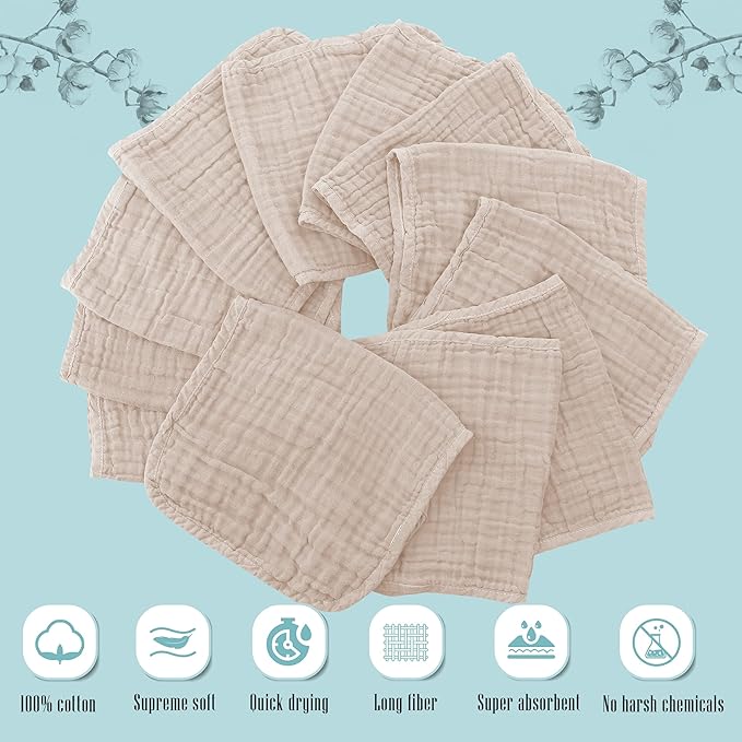 Cute Castle 24 Pack Muslin Burp Cloths for Baby - Ultra-Soft 100% Cotton Baby Washcloths - Large 20'' by 10'' Super Absorbent Milk Spit Up Rags - Burpy Cloths for Unisex, Boy, Girl - Brown