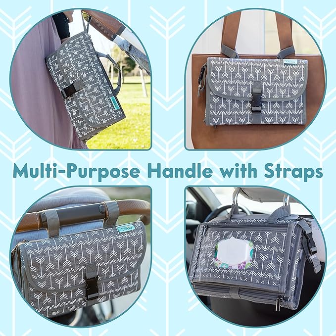 Kopi Baby Portable Diaper Changing Pad-Baby Diaper Changer Travel Bag with Wipes Pocket, Smart Design Portable Changing Mat, Infant Travel Station Kit,Gift for Newborn Girl & Boy-Grey Arrows, Premium