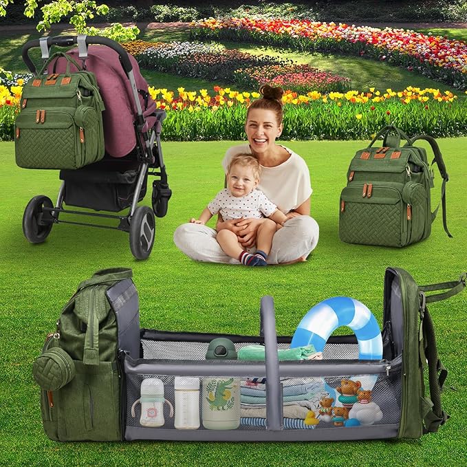 Baby Bag Diaper Bags with Changing Station, Large Capacity Diaper Bag Backpack for Moms Dads with USB Charging Port, Waterproof Diaper Backpack（Army Green）