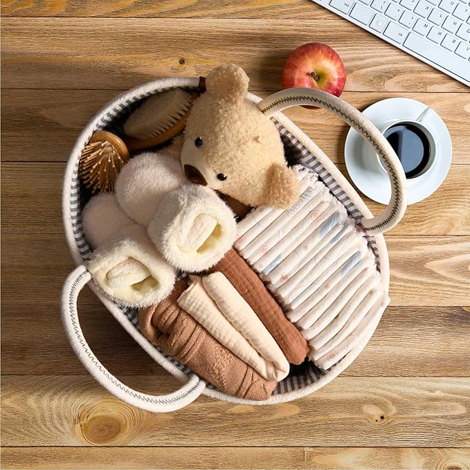 Baby Changing Basket Includes Diaper Caddy - Soft & Waterproof Dual-Cover, Portable, Changing Pad for Dresser & Changing Table, Gift for Baby Shower, Organic Cotton Rope