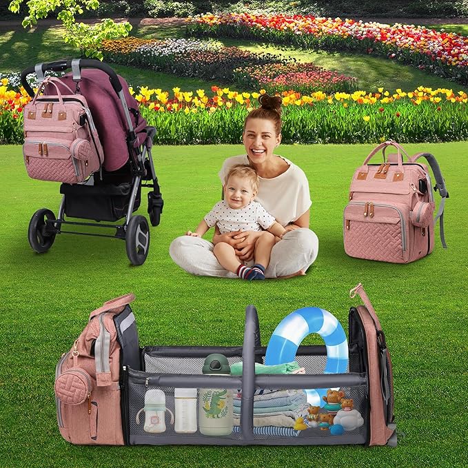 Baby Diaper Bags with Changing Station Multifunctional Waterproof Diaper Bag Backpack Travel Baby Bag with Changing Pad, Pacifier Case,Baby Essentials(Pink)