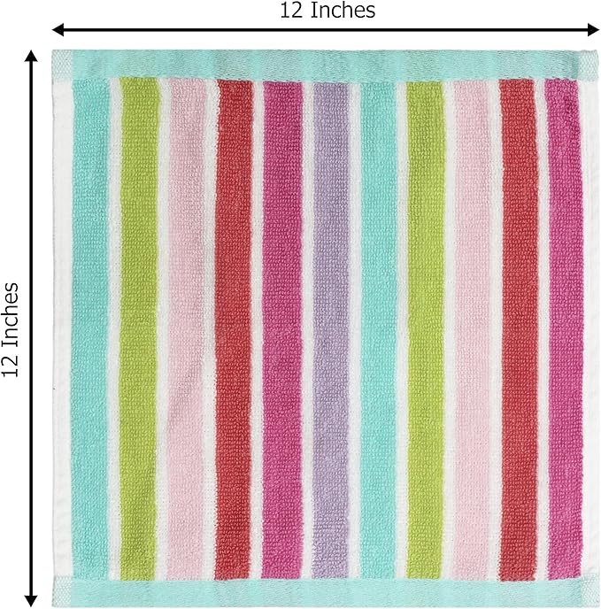 ORIGINAL KIDS Wash Cloth - Set of 12 Stripe Washcloths - 100% Cotton Yarn-Dyed Terry - 450 GSM Quick Dry Soft Absorbent Gentle Baby Face Towels for Bathroom Travel Daycare - 12 x 12 - Pink Multi