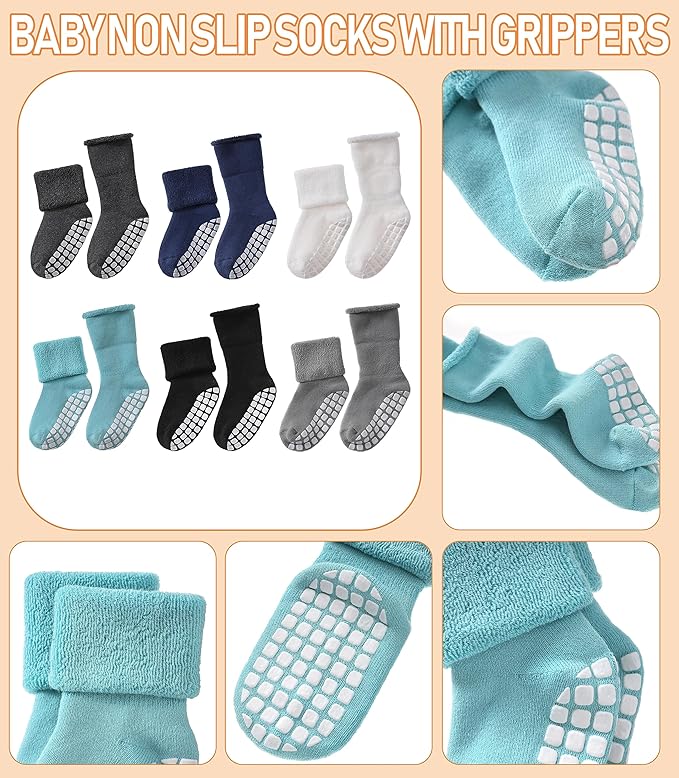 LANLEO Baby Girls Boys Non Slip Socks with Grips Toddler Kids Unisex Warm Thick Cotton Ankle Crew Socks with Grippers