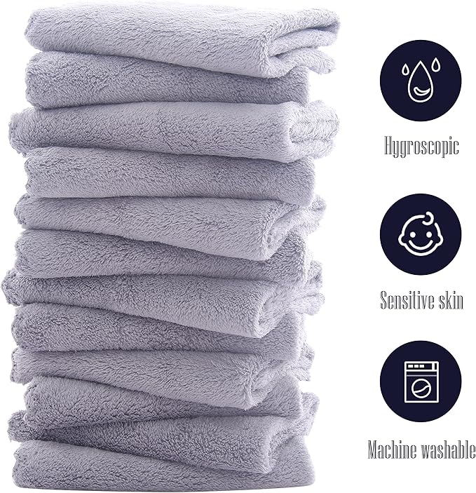 16 Pack Baby Washcloths - Luxury Coral Fleece - Extra Absorbent and Soft Wash Clothes for Newborn, Infants and Toddlers - Suitable for Sensitive Skin and New Born - Baby Shower - Light Grey,10x10 Inch