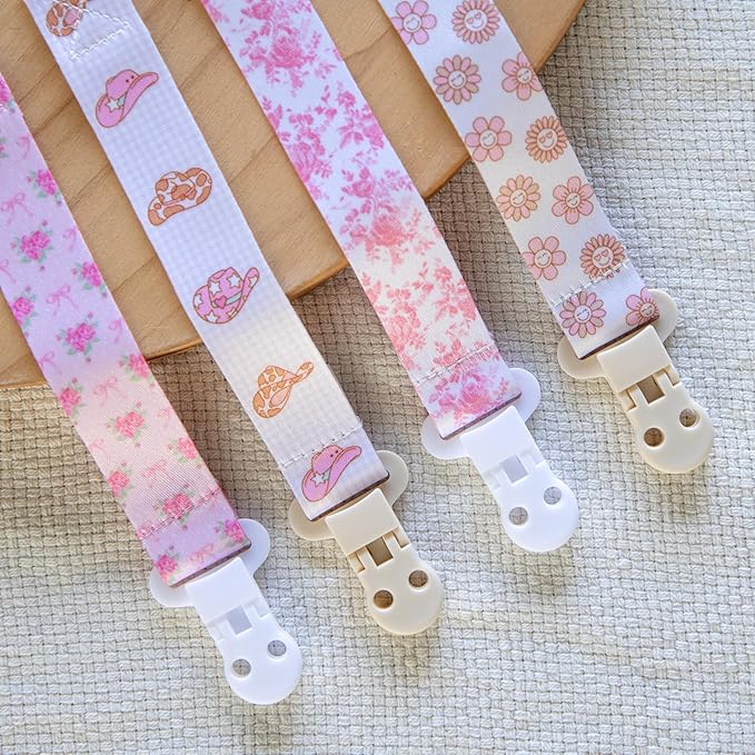 Stadela Baby Fabric Pacifier Clip Holder, Plastic Clip, 4‑Pack, Toile de Jouy Pattern, Giselle Set