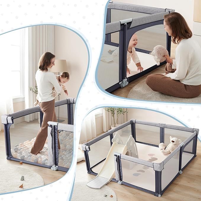 Sweeby Baby Playpen, 79x71 Inch Baby Gate Playpens for Babies and Toddlers, Extra Large Playpen with Door Play Yard for Fence Indoor and Outdoor Play Pen,Space Gray