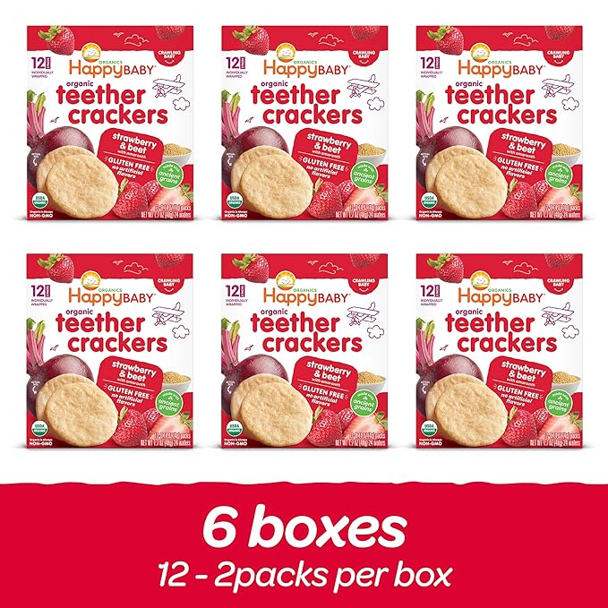Happy Baby Organics Baby Snacks, Gentle Teething Crackers, Gluten Free & Vegan, Strawberry & Beet, 12 Count (Pack of 6)