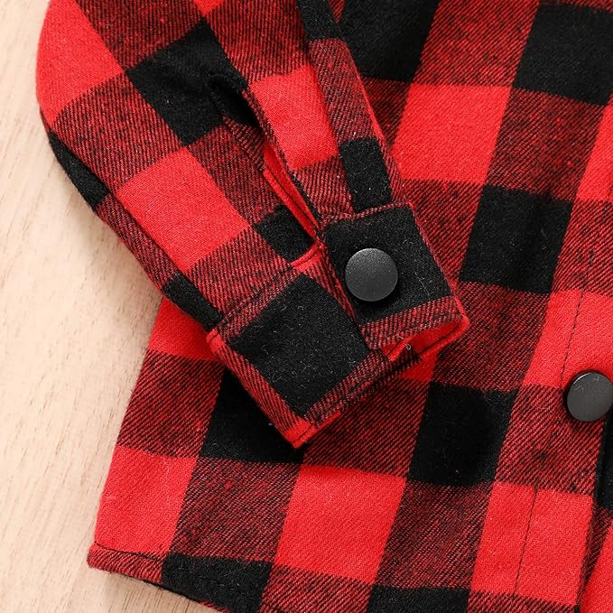 YOUNGER STAR Toddler Kids Boys Girls Flannel Hooded Plaid Shirt Button Baby Red Clothes