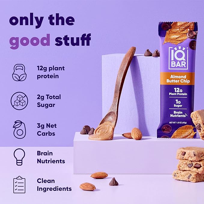 IQBAR Brain and Body Clean Plant Protein Bars - Almond Butter Chip - 36 Bars - Keto, Vegan, High Fiber, Gluten and Dairy Free, Low Sugar Snack with Nutrients for Focus, Energy, Meal Replacement