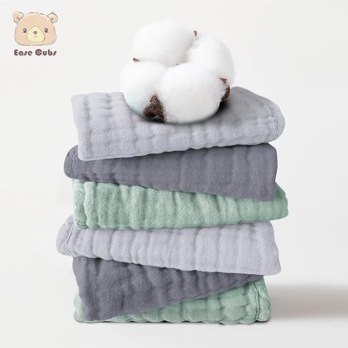 12 Pack Muslin Washcloths for Baby - 100% Cotton Baby Wash Cloths for or Baby Face Body Comfy and Soft for Newborn Infants Kids Girls and Boys - 12"x12" - Grey, Green and Slate