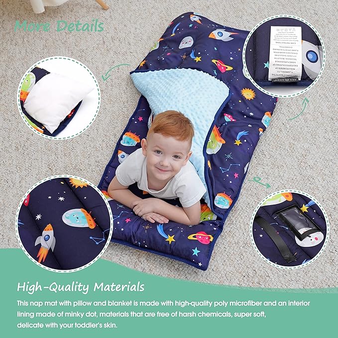 ACRABROS Toddler Nap Mat with Pillow and Blanket, Large Rolled Napping Mats,Slumber Bags for Boys Girls,Kids Sleeping Bag for Daycare, Preschool Travel