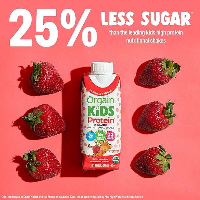 Orgain Organic Kids Nutritional Protein Shake, Strawberry, Healthy Kids Snacks, 8g Dairy Protein, 3g of Fiber, 22 Vitamins & Minerals, No Soy ingredients, Gluten Free, Non-GMO, 8.25 Fl Oz (Pack of 12)