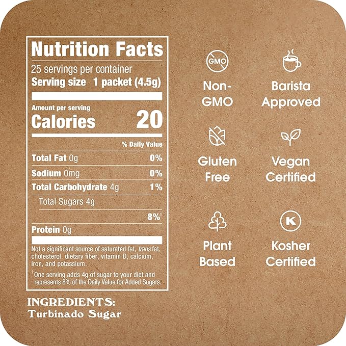 Sugar In The Raw Turbinado Cane Sugar Packets, 25 Ct Box, 12 Pack, Pure, All-Natural Turbinado Sugar, Non-GMO Project Verified, Kosher, Vegan and Gluten Free