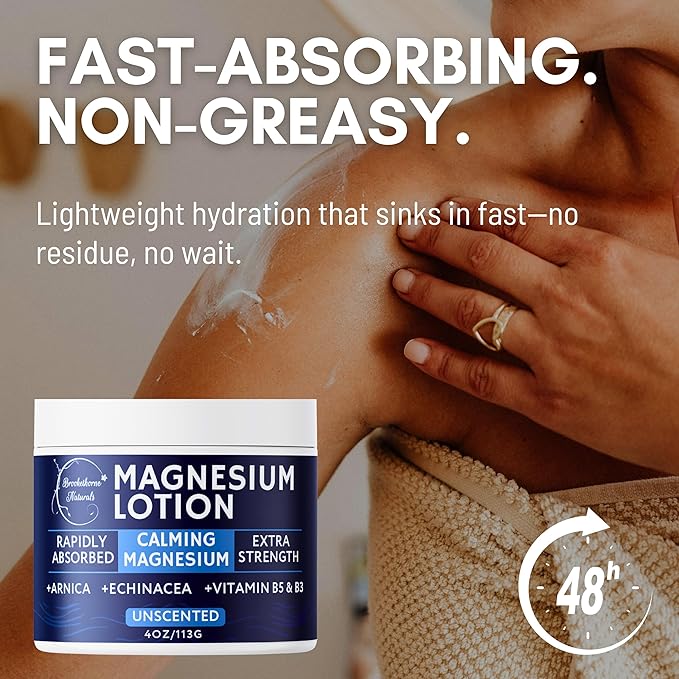 Calming Magnesium Lotion | Fragrance-Free Natural Magnesium Cream with Arnica, Echinacea & Vitamin B | Gentle Topical Lotion for sensitive skin | Hydrates & Soothes Skin | 4oz by Brookethorne Naturals