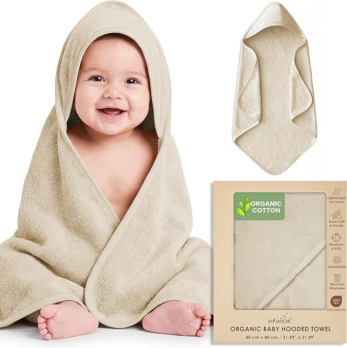 100% Organic Cotton Plush Woven Hooded Baby Bath Towels - Soft and Absorbent 31x31 Inches for Newborns and Kids, Hooded Baby Towels, Premium Infant Towels (Ivory)