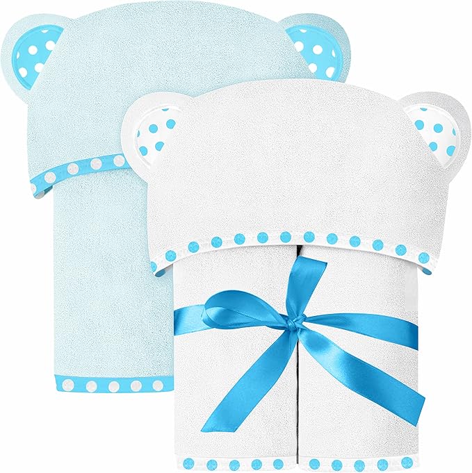Set of 2 Hooded Baby Towels – White and Blue – Luxurious, Large and Super Absorbent – 30 x 30 Inch – Soft and Suitable for Infants, Toddlers and Kids – 400 GSM