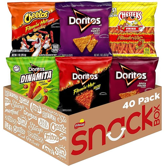 Frito-Lay Fiery Mix Variety Pack, Hot & Spicy Snacks Single Serve Bags, 2.56 Pounds, (Pack of 40), Flamin' Hot Cheetos, Doritos, Chester's Hot Fries