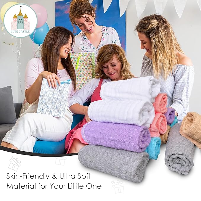Cute Castle 12 Pack Muslin Baby Washcloths - Large 12'' by 12'' - Ultra Soft 100% Cotton - Super Absorbent Burp Cloths for Unisex, Boy, Girl -Multicolor