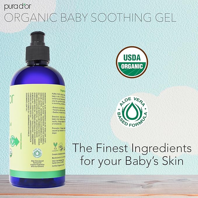 PURA D'OR 16 Oz ORGANIC Baby Soothing Gel For Sensitive Skin - Diaper Rash & Irritation Relief with Aloe Vera, Tamanu Oil, Chamomile, Jojoba, & Almond Oil