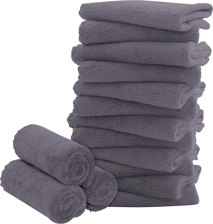 16 Pack Baby Washcloths - Luxury Coral Fleece - Extra Absorbent and Soft Wash Clothes for Newborns, Infants and Toddlers - Suitable for Sensitive Skin and New Born - Baby Shower - Grey, 10x10 Inch