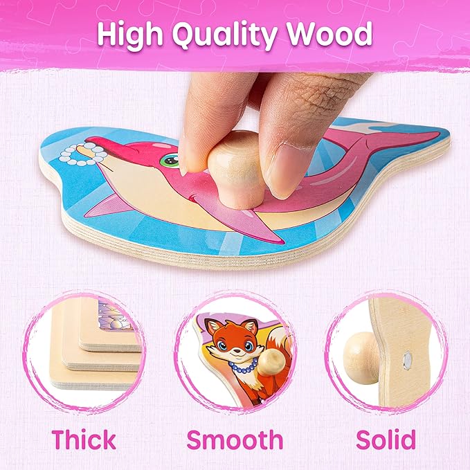 SYNARRY Wooden Puzzles for Toddlers 1-3, 6XSET Toddlers Puzzles Ages 1-3 with Rack, Learning Alphabet Number Shape Unicorn Princess, Toddler Valentines Day Easter Basket Stuffers Gifts Toys for Girls