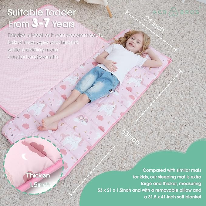 ACRABROS Toddler Nap Mat with Pillow and Blanket, Large Rolled Napping Mats,Slumber Bags for Boys Girls,Kids Sleeping Bag for Daycare, Preschool Travel