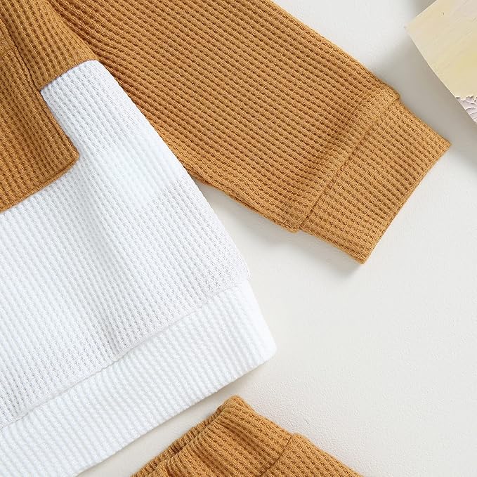 Toddler Baby Boy Fall Outfit Long Sleeve Crew Neck Contrast Color Sweatshirt Top Pant Cute Newborn Infant Waffle Clothes