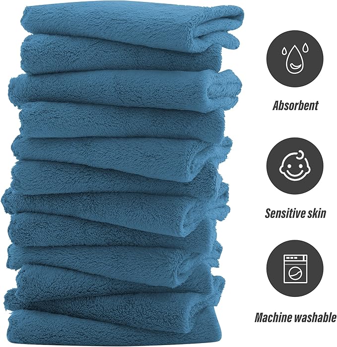 Sunny zzzZZ Ultra Soft 24 Pack Baby Washcloths - 10x10 Inches - Coral Fleece Extra Absorbent Wash Clothes for Babies, Infants and Toddlers - Sensitive Skin and Newborn - Ideal Baby - Ocean Aqua