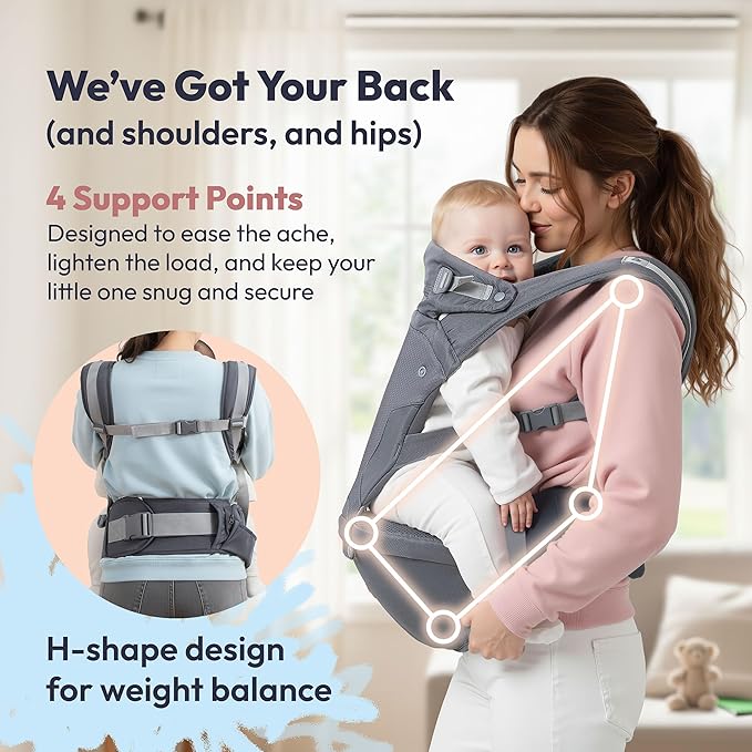 BabbleRoo Grow Carrier – Safety-Certified 6-in-1 Toddler & Baby Carrier with Hip Seat, Ergonomic & Adjustable Toddler Carrier 7-50 lbs with Hip Support, Hood for Sun Protection, Newborn to Toddler