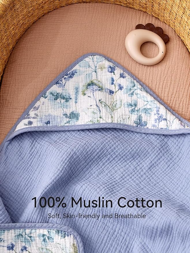TILLYOU Muslin Hooded Baby Towels for Newborn 2 Pack, 32x32Inch Soft Baby Bath Towel Highly Absorbent for Newborn and Infant, Essential for Newborn Care, Blue Flower