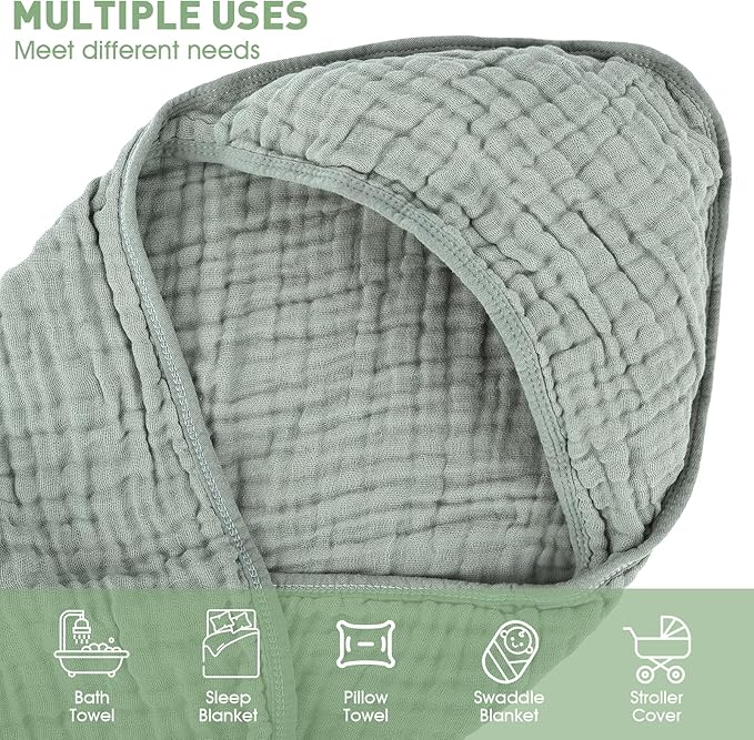 Synrroe 2 Pack Hooded Muslin Cotton Baby Towels (Green/Brown), 32 by 32 Inches, Ultra-Soft & Breathable for Baby Bath Time