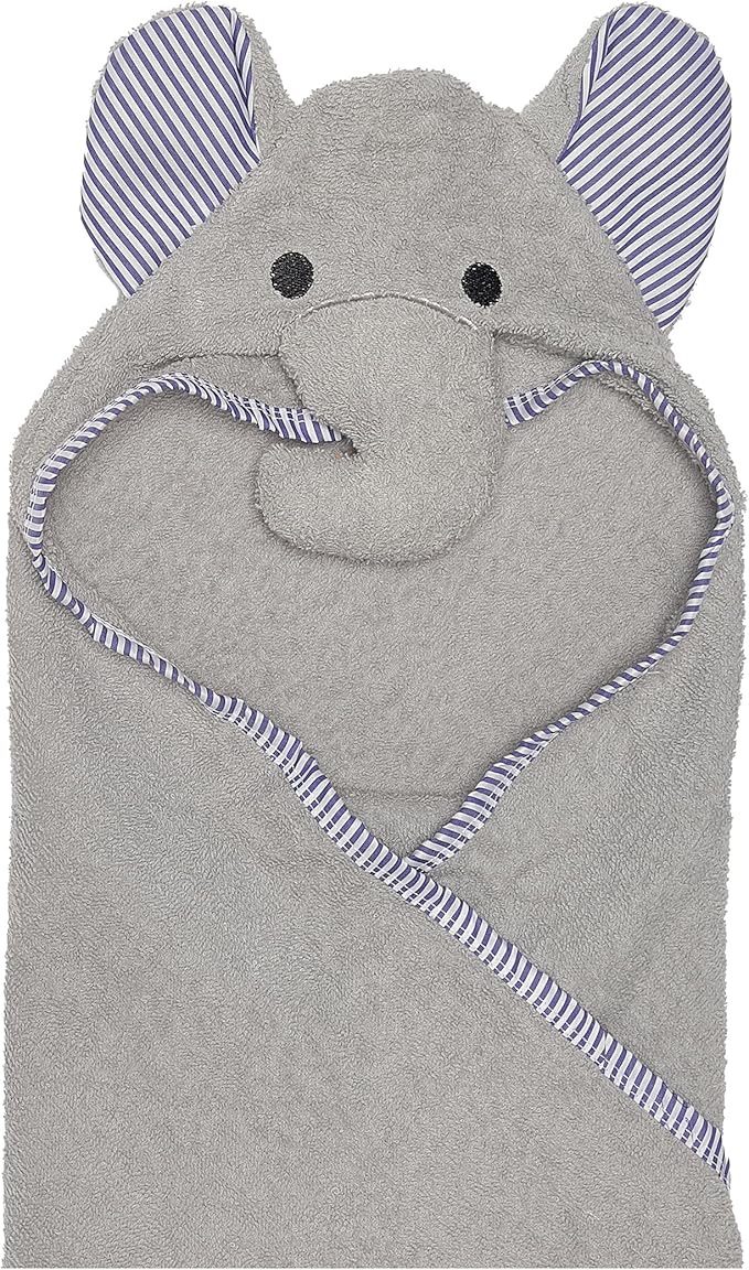 EVERYDAY KIDS Hooded Baby Toddler Bath Towel for Boys and Girls - 3D Gray Elephant with Ears and Trunk; Soft and Absorbent Terry Cloth Hooded Towel for Young Kids; Gender Neutral Baby Bath Essential