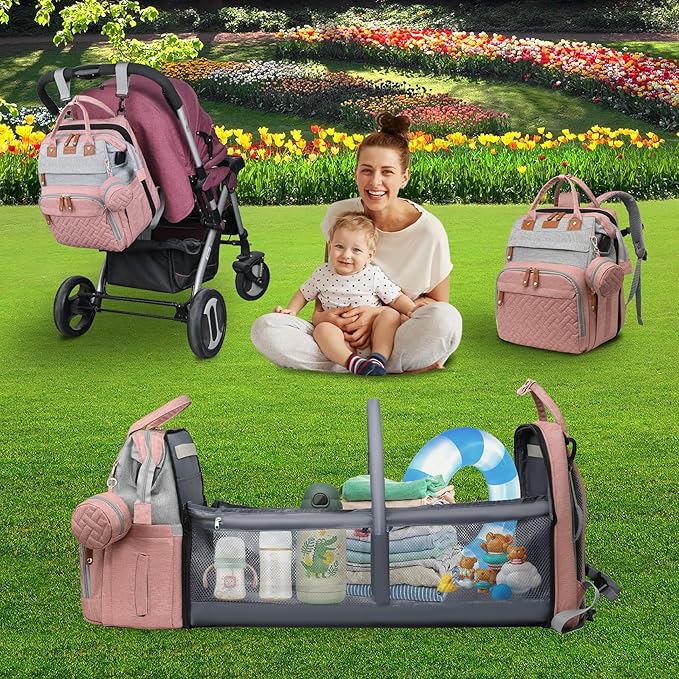 Baby Diaper Bags with Changing Station Multifunctional Waterproof Diaper Bag Backpack Travel Baby Bag with Changing Pad, Pacifier Case,Baby Essentials(PinkGrey)