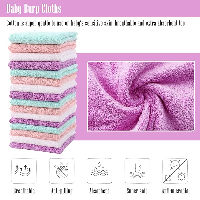 Cute Castle Ultra-Soft Baby Washcloths, 16 Pack - 9" by 9", Gentle on Sensitive Skin for Face and Body, Plush, Super Absorbent Wash Clothes for Girls and Boys, White+Pink+Purple+Frozen Blue