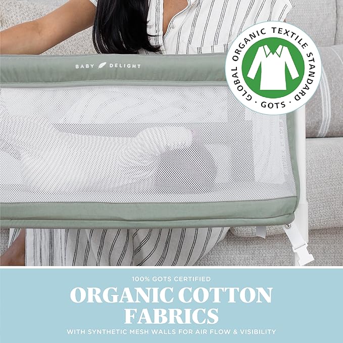 Baby Delight Beside Me Serenity Bassinet | Lightweight Bedside Sleeper & Baby Bassinet | 7-Position Height Adjustment | 100% GOTS Certified Organic Cotton Fabric | Organic Sage