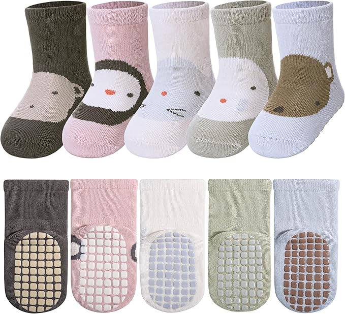 TRUEHAN 5 Pairs Toddler Non Slip Socks with Grips Baby Socks for Kids Girls Boys