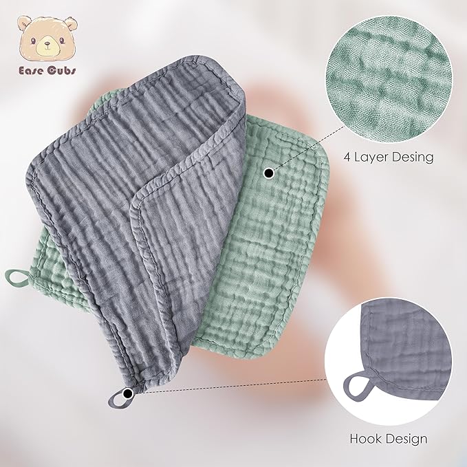 12 Pack Muslin Washcloths for Baby - 100% Cotton Baby Wash Cloths for or Baby Face Body Comfy and Soft for Newborn Infants Kids Girls and Boys - 12"x12" - Grey, Green and Slate