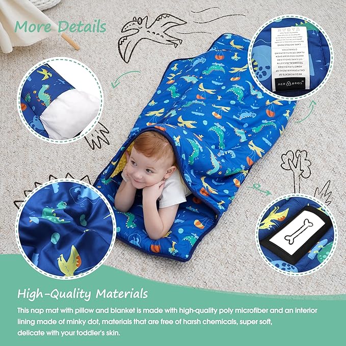 ACRABROS Toddler Nap Mat with Pillow and Blanket, Large Rolled Napping Mats,Slumber Bags for Boys Girls,Kids Sleeping Bag for Daycare, Preschool Travel