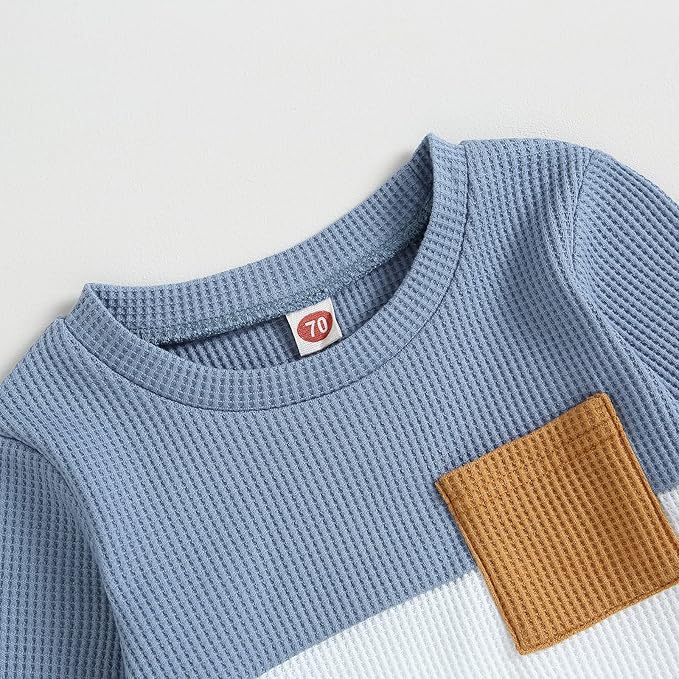 Toddler Baby Boy Fall Outfit Long Sleeve Crew Neck Contrast Color Sweatshirt Top Pant Cute Newborn Infant Waffle Clothes