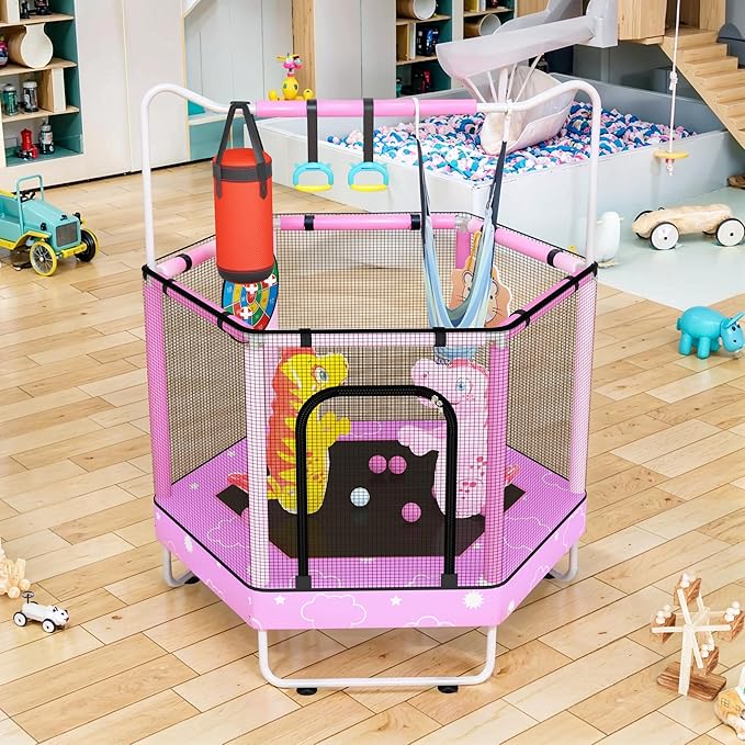 LAMERGE 55" 7-in-1 Round Trampoline for Kids Boys & Girls Ages 1-8, Indoor & Outdoor Trampoline for Fun, Adjustable Height Handrail ＆ Enclosed Safety Net ＆ Durable Designs for Toddlers Children