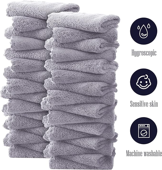 32 Pack Baby Washcloths - 10x10 Inch, Coral Fleece - Extra Absorbent and Soft Wash Clothes for Newborns, Infants and Toddlers - Suitable for Sensitive Skin and New Born - Baby Shower - Light Grey