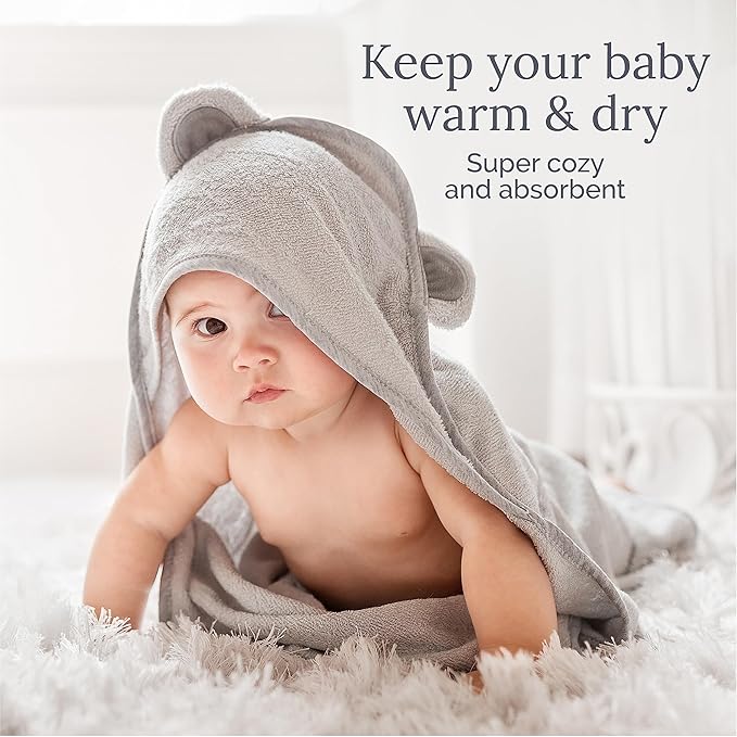 Natemia Premium Ultra Soft Hooded Baby Towel - Grey Raccoon Animal Design - Newborn to Toddler - Made in Turkey