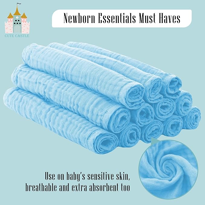 Cute Castle 24 Pack Muslin Burp Cloths for Baby - Ultra-Soft 100% Cotton Baby Washcloths - Large 20'' by 10'' Super Absorbent Milk Spit Up Rags - Burpy Cloths for Unisex, Boy, Girl - Aquamarine