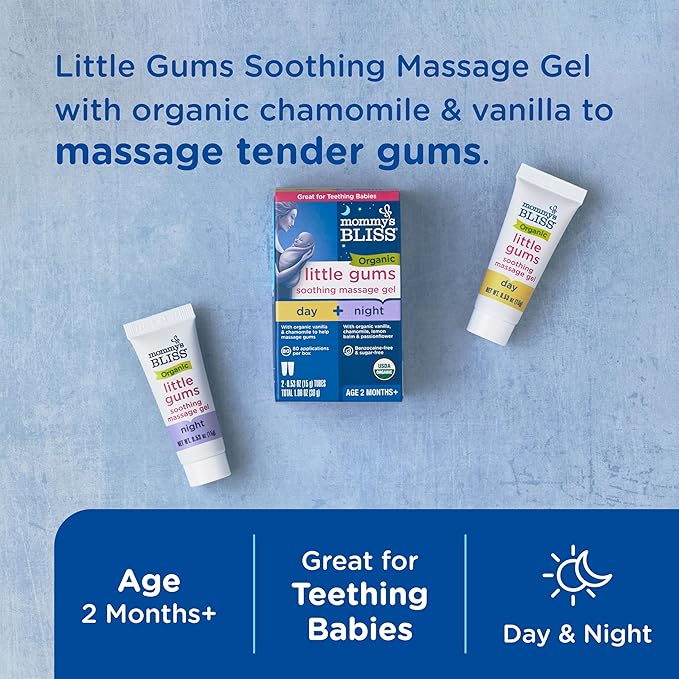 Mommy's Bliss Organic Little Gums Soothing Massage Gel Day and Night Combo, Great for Teething Babies, Age 2 Months+, Sugar Free, Mild & Sweet Flavor, 2 - 0.53 Oz Tubes (Pack of 1)