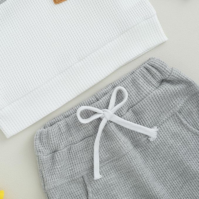 Toddler Baby Boy Fall Outfit Long Sleeve Crew Neck Contrast Color Sweatshirt Top Pant Cute Newborn Infant Waffle Clothes